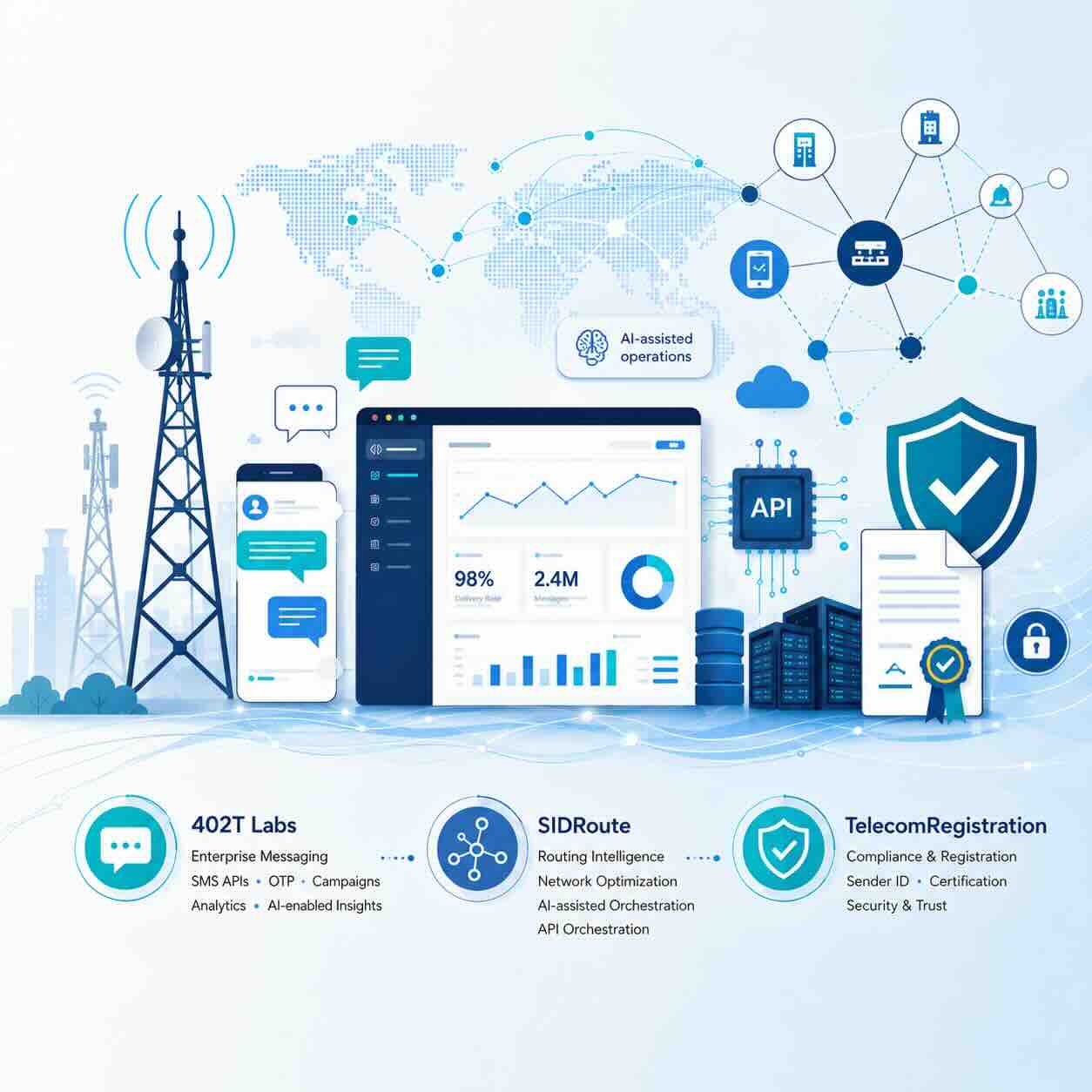 402T telecom infrastructure connecting regulatory support, SMS messaging, operator platforms and related AI platforms