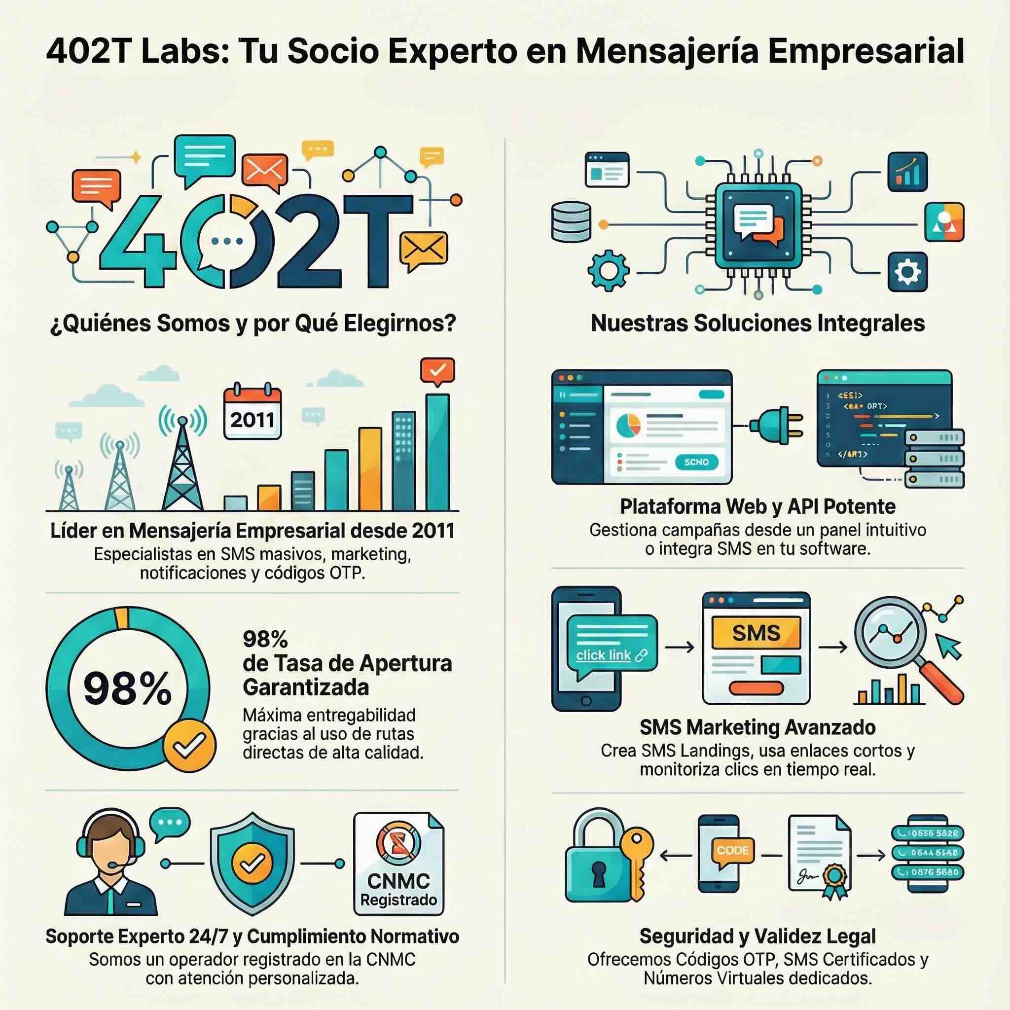402T Labs enterprise SMS platform for SMS marketing, OTP, certified SMS, virtual numbers, reporting and CNMC sender support